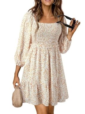 Smocked Square Neck Floral Mini Dress - Cream with Pink Accents
